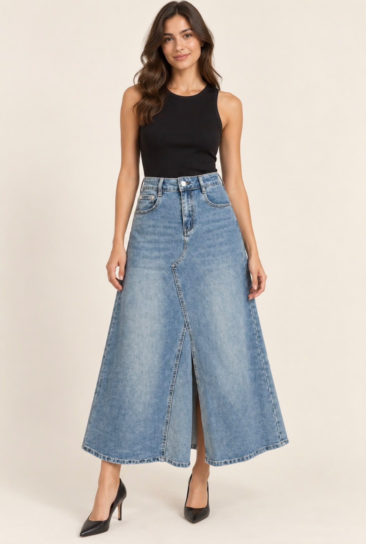 Falda vaquera evasé color azul jeans