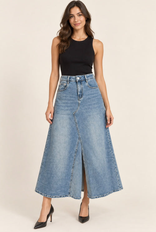 Falda vaquera evasé color azul jeans
