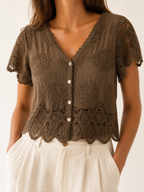 Blusa de crochet chocolate abotonada — Koketa