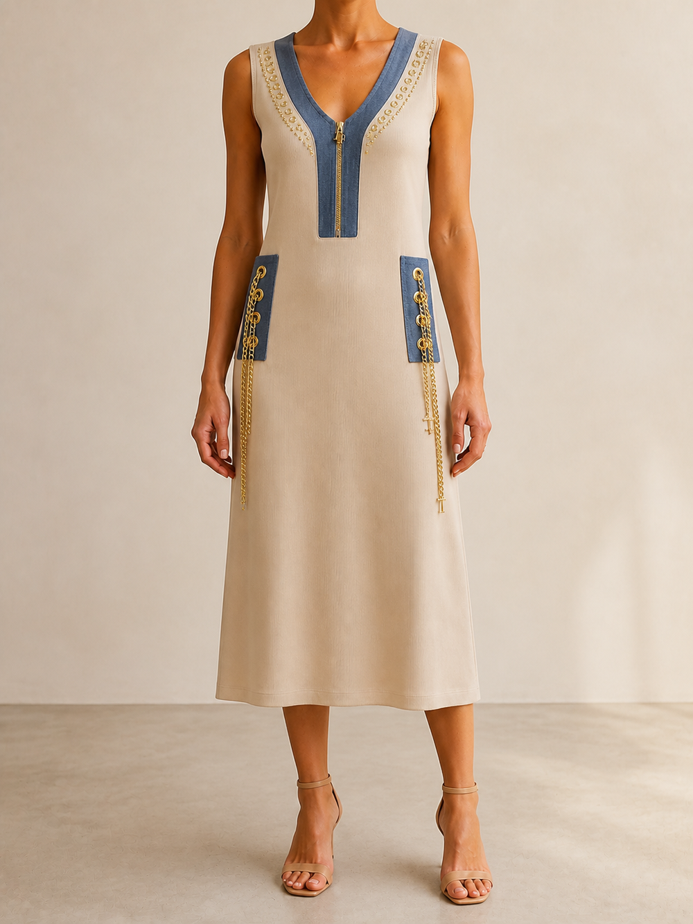 Vestido beige con detalles denim — Koketa