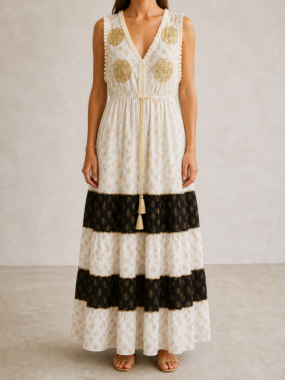 Vestido boho marfil y dorado — Koketa