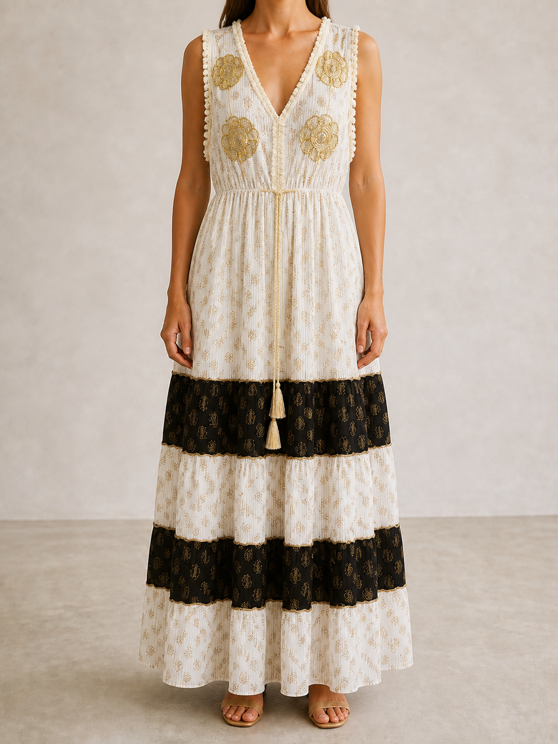 Vestido boho marfil y dorado — Koketa
