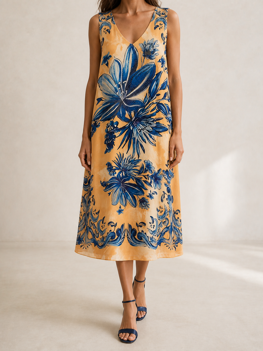 Vestido floral azul y albaricoque — Koketa