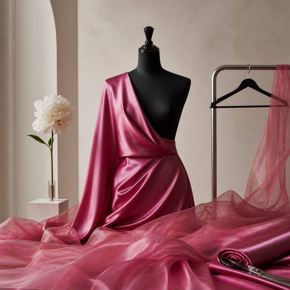 Editorial composition in Koketa Moda pink, black and white